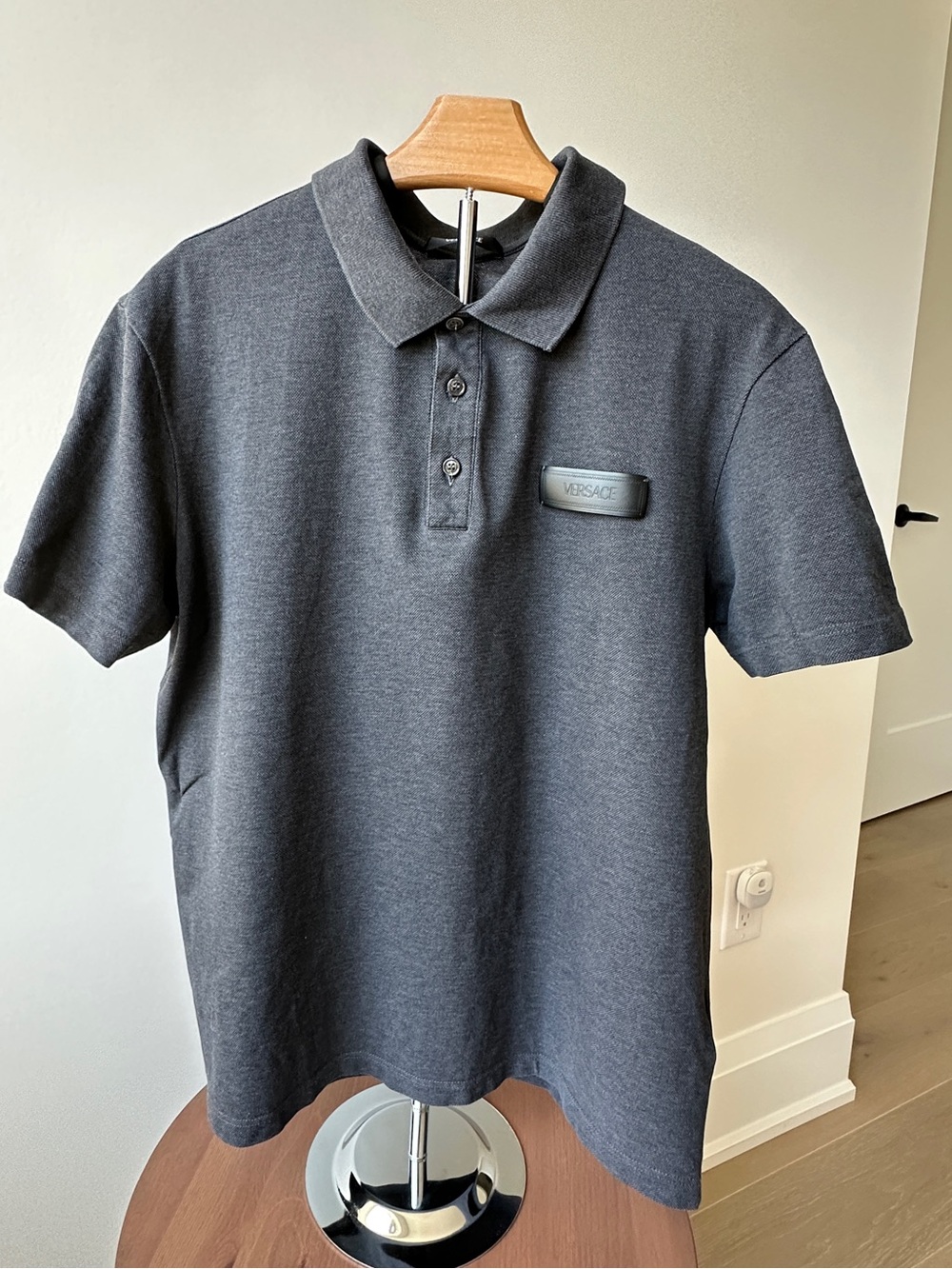 Versace Men's Charcoal Gray Polo with Logo Patch - Size Medium 180/92A